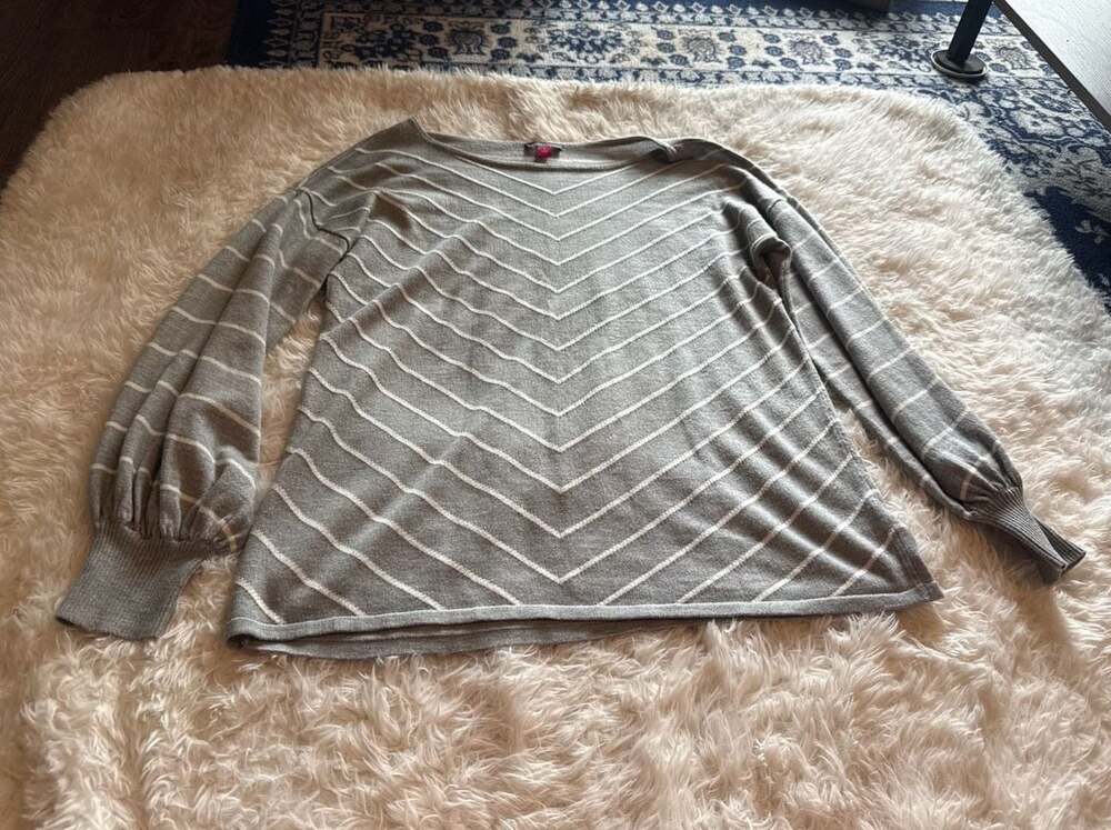 Vince Camuto Gray and White Striped Chevron Knit Sweater‎ with Balloon Sleeves